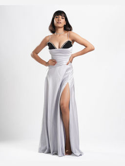 AHI Clothing - Vetra - Black And Silver Strappy Drape Long Dress