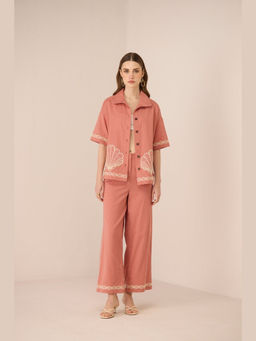 Calling June - Coral Jill Embroidered Shirt and Pant Set