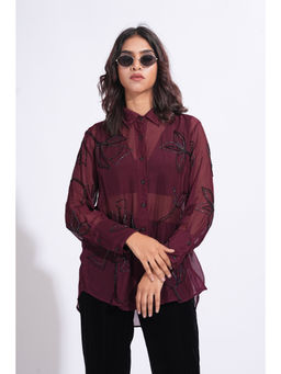Shruti S - Organza Formal Burgundy Shirt