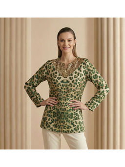 First Resort by Ramola Bachchan - Sequin Yoke Animal Print Green Top