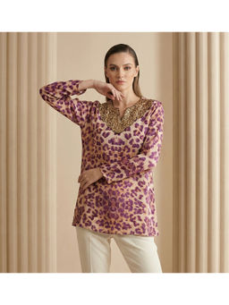 First Resort by Ramola Bachchan - Sequin Yoke Animal Print Pink Top