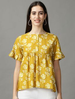 SHOWOFF - Womens Half Sleeves Round Neck Mustard Printed Top