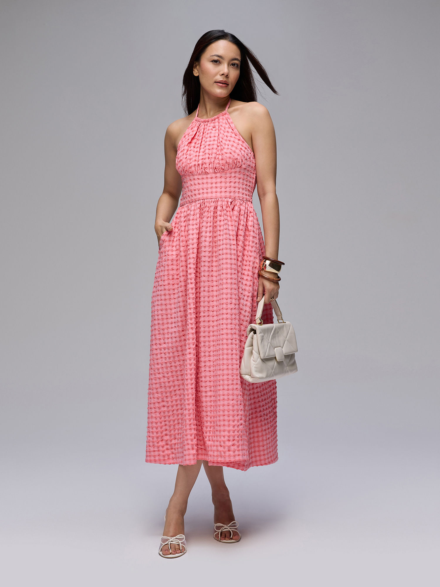 Orange Checks Halter Neck Fit And Flare Maxi Dress-picture-30