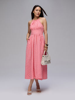 Twenty Dresses by Nykaa Fashion - Orange Checks Halter Neck Fit And Flare Maxi Dress