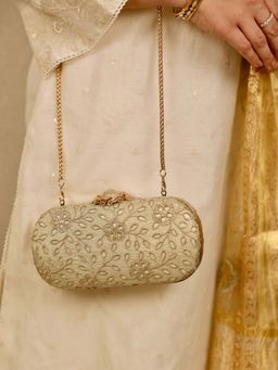 AMYRA - Tarang Cutwork Capsule Clutch - Light Gold