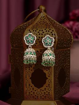 Zaveri Pearls - Green Stones Beads Drop Austrian Diamonds Jhumka Earring