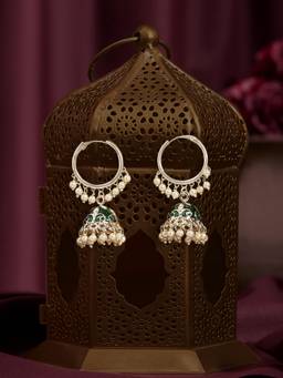 Zaveri Pearls - Green Pink Meenakari Dangling Beads Hoop Jhumka Earring
