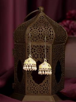 Zaveri Pearls - Yellow Pink Meenakari Flowers Stones Beads Jhumka Earring