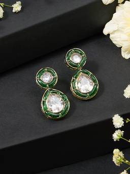 Zaveri Pearls - Dazzling Green Stones Embellished Fusion Style Drop Earring