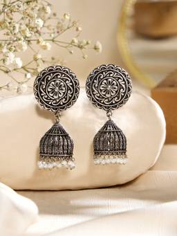 Zaveri Pearls - Antique Silver Oxidised Pearls Drop Ethnic Jhumka Earring