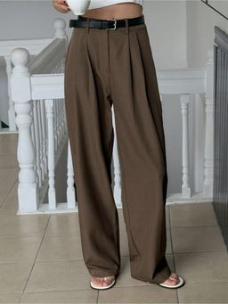 Fnocks - Women Brown High Waisted Wide Leg Baggy Pants