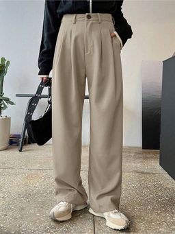 Fnocks - Women Beige High Waisted Wide Leg Baggy Pants