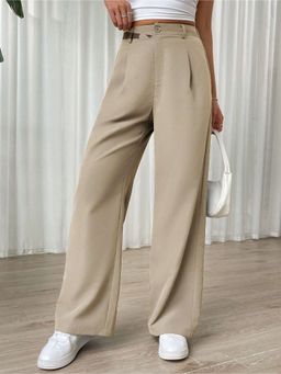 Fnocks - Women Cream High Waisted Wide Leg Baggy Pants