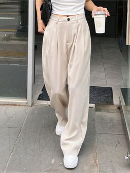 Fnocks - Women Cream High Waisted Wide Leg Baggy Pants