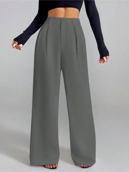 Fnocks - Women Grey High Waisted Wide Leg Baggy Pants