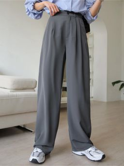Fnocks - Women Grey High Waisted Wide Leg Baggy Pants