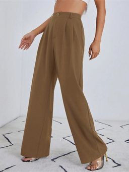 Fnocks - Women Brown High Waisted Wide Leg Baggy Pants