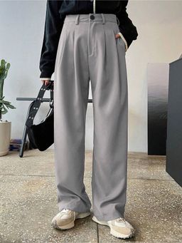 Fnocks - Women Grey High Waisted Wide Leg Baggy Pants