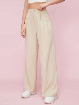 Fnocks - Women Beige High Waisted Wide Leg Baggy Pants