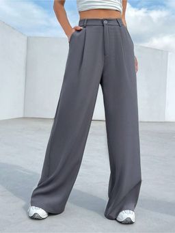Fnocks - Women Grey High Waisted Wide Leg Baggy Pants