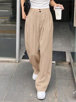Fnocks - Women Beige High Waisted Wide Leg Baggy Pants