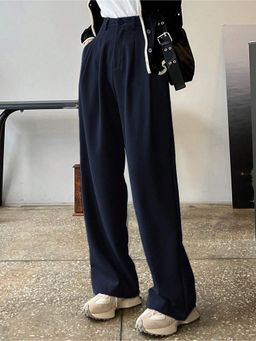 Fnocks - Women Navy Blue High Waisted Wide Leg Baggy Pants