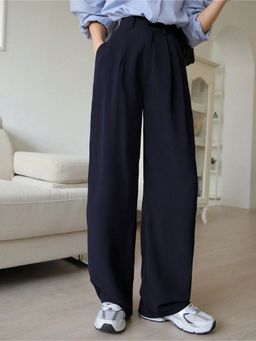 Fnocks - Women Navy Blue High Waisted Wide Leg Baggy Pants