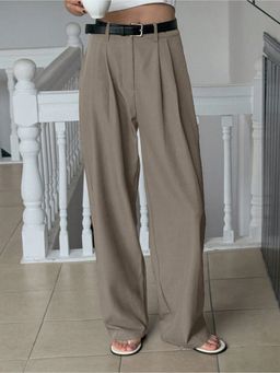 Fnocks - Women Olive High Waisted Wide Leg Baggy Pants