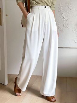 Fnocks - Women White High Waisted Wide Leg Baggy Pants