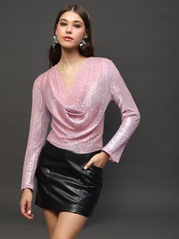 Sera - Pink Sequin V-Neck Party Wear Long Sleeve Shimmer Top