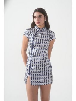 True West - Women Indigo Print Mandarin Collar Mini Dress