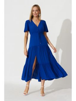 NOBARR - Women Blue Cinched Waist Tiered Maxi Dress