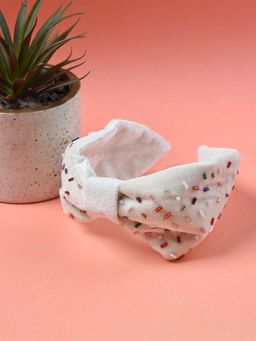 FUNKRAFTS - White Velvet Knotted Beads Embellished Hair Band (7-12 Years)