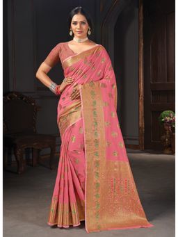 Sangam Prints - Pink Woven & Siroski Stone Work Traditional Saree with Unstitched Blouse
