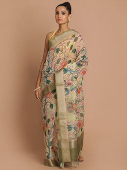 Indethnic - Banarasi Green Printed Party Wear Saree With Unstitched Blouse