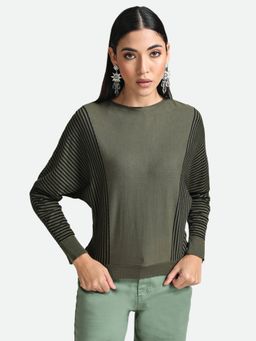 Kazo - Olive Stripped Batwing Pullover