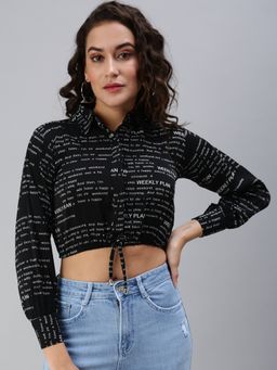 SHOWOFFFF - Women's Typography Cinched Waist Black Shirt Collar Crop Top
