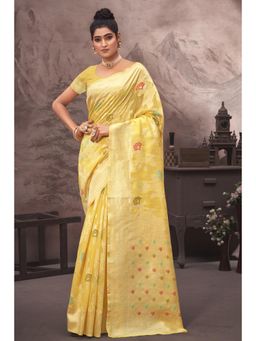 Sangam Prints - Yellow Cotton Silk Woven Zari Work Traditional Saree with Unstitched Blouse