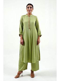 Cyan - Green Solid Mandarin Neck Kurta with Palazzo