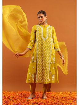 House of Chikankari - Yellow Chanderi Chikankari Women's Kurta with Pant and Dupatta