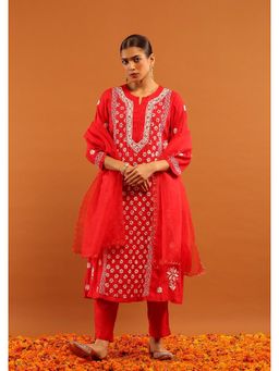 House of Chikankari - Red Chanderi Chikankari Women's Kurta with Pant and Dupatta