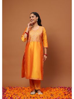 House of Chikankari - Mustard Art Silk Embroidered Zari Work Women's Kurta with Pant