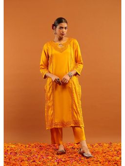 House of Chikankari - Mustard Jaam Silk Chikankari Women's Long Kurta with Pant