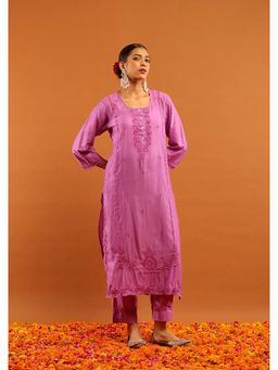 House of Chikankari - Purple Chanderi Chikankari Women's Long Kurta with Pant