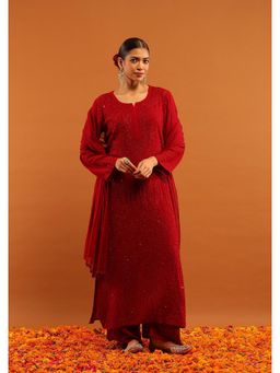 House of Chikankari - Maroon Chikankari Women's Kurta with Inner, Palazzo and Dupatta