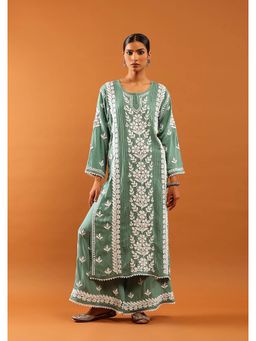 House of Chikankari - Green Modal Chikankari Women's Long Kurta with Palazzo