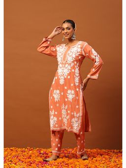 House of Chikankari - Peach Chanderi Chikankari Women's Long Kurta with Pant