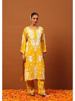 House of Chikankari - Yellow Chanderi Chikankari Women's Long Kurta with Pant