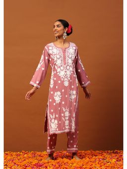 House of Chikankari - Mauve Chanderi Chikankari Women's Long Kurta with Pant