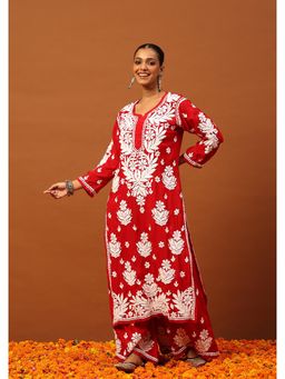 House of Chikankari - Red Modal Chikankari Women's Long Kurta with Palazzo